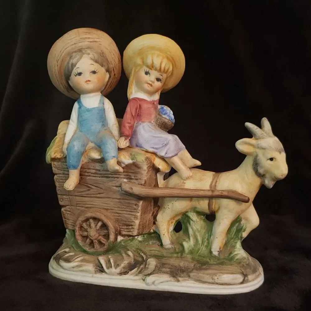 Vintage Children Riding Goat Cart Porcelain Figurine